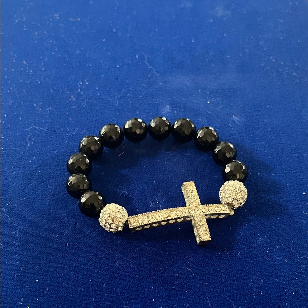 Black Beaded Bracelet with Gold Cross